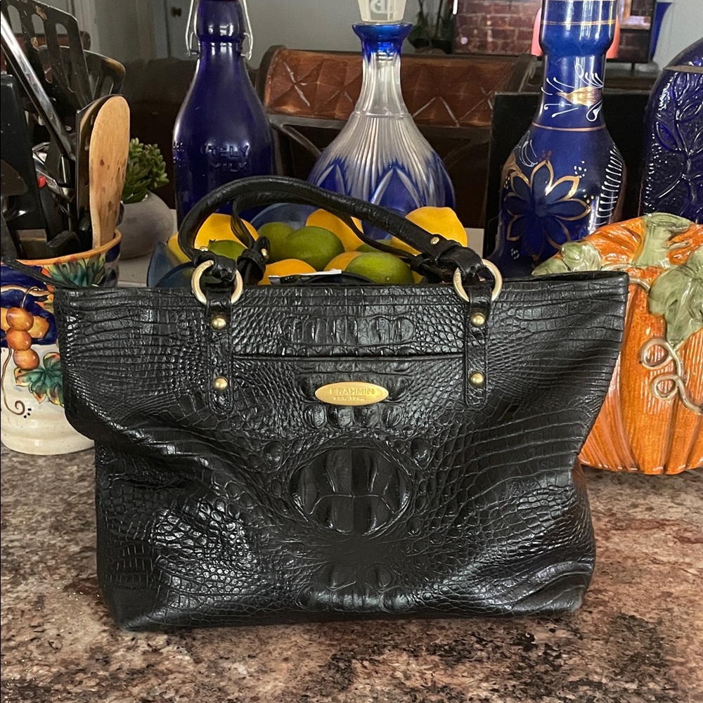 Brahmin Black Crocodile Embossed Leather Tote Bag